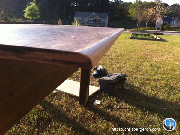 Corner after one coat of stain