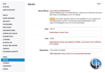 Screenshot of an NZBGet Elasticsearch Extension NZBget Elasticsearch Extension