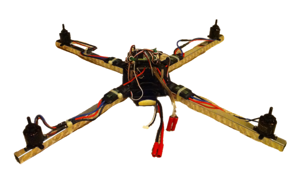 A photo of a handmade quadcopter built with aluminum towel rods. My DIY Drone